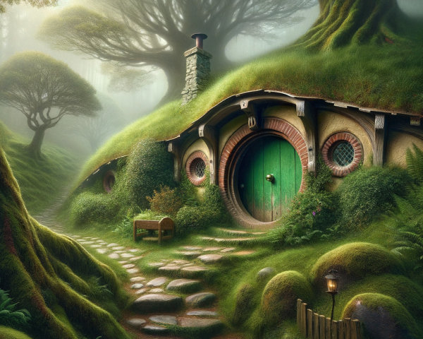 Whimsical Hobbit House in a Lush Green Landscape