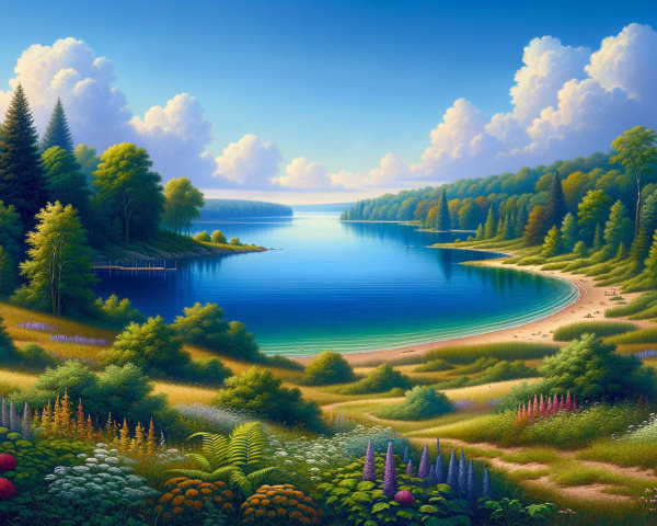Tranquil Lake Surrounded by Lush Greenery and Hills