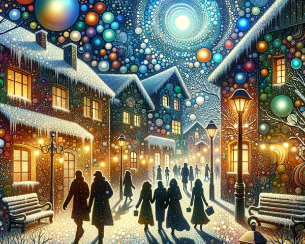 Whimsical Winter Wonderland with Colorful Night Sky