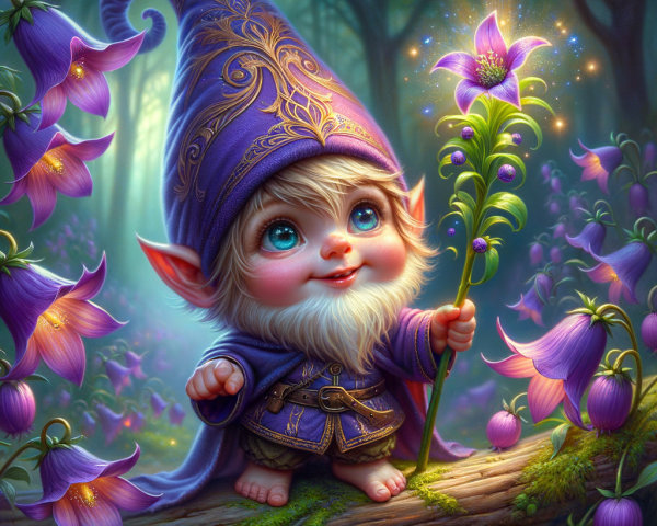 Cheerful gnome in a mystical forest with purple flowers
