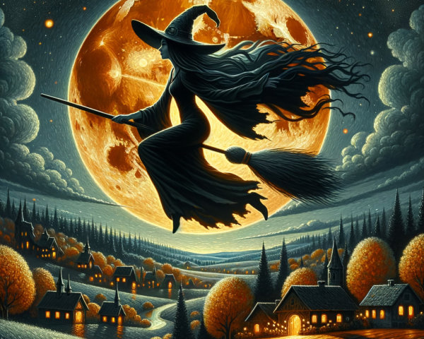Witch Flying Across Full Moon Over Autumn Village