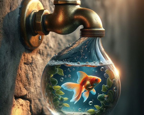 Brass Faucet with Goldfish in Textured Stone Wall