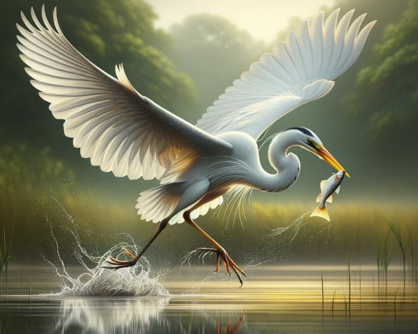 Heron in Flight Above Tranquil Pond with Fish