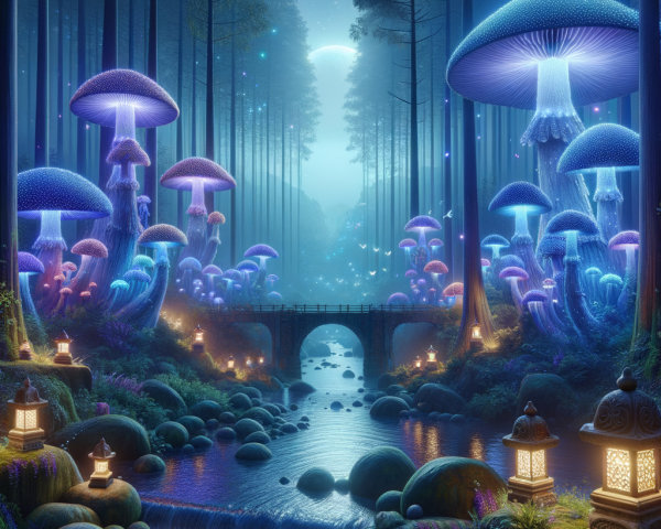 Mystical forest with luminescent mushrooms and stream