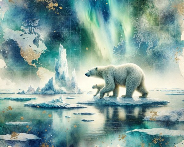 Majestic Polar Bear on Ice Floe with Auroras