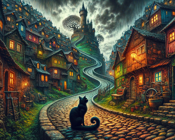 Whimsical Scene of Cobblestone Street and Castle
