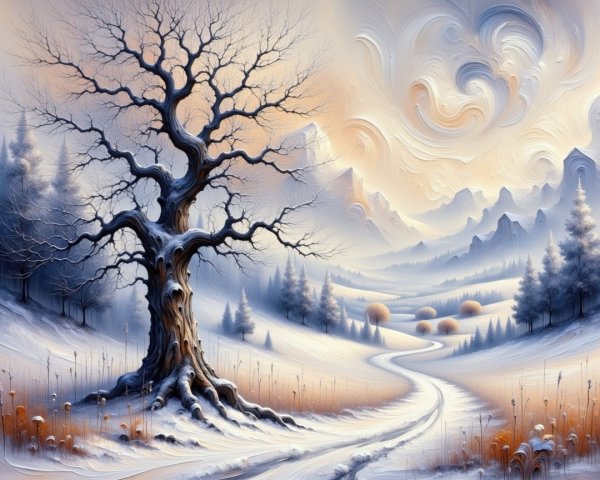 Serene Winter Landscape with Gnarled Tree and Fog