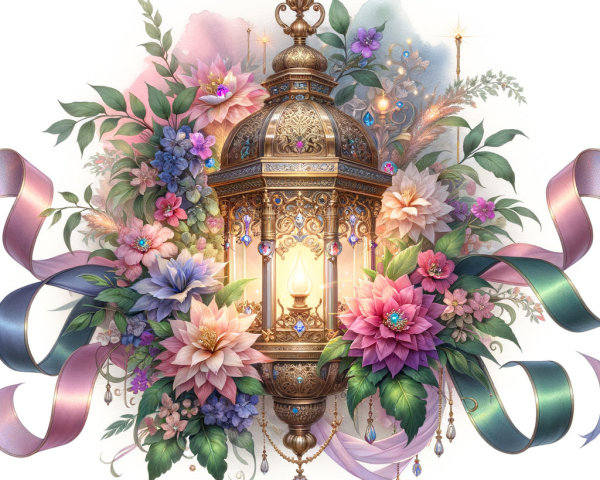 Golden Moroccan Lantern with Colorful Jewels and Flowers