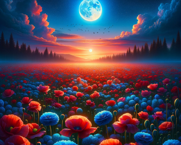 Vibrant Landscape with Poppies and Setting Sun
