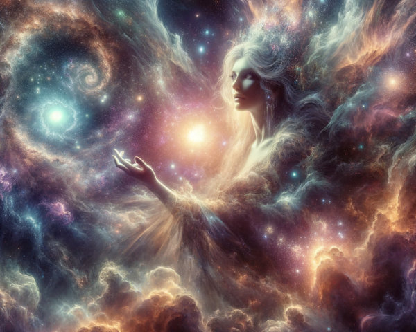 Celestial Figure in a Vibrant Cosmic Scene