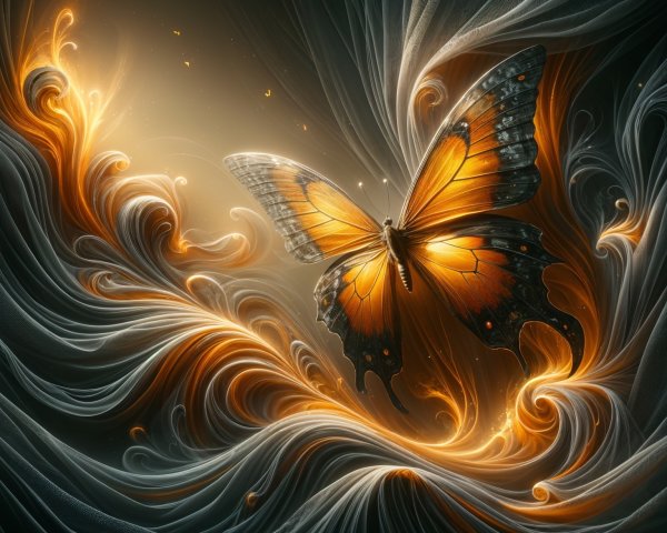 Vibrant Butterfly Amid Ethereal Patterns of Gold