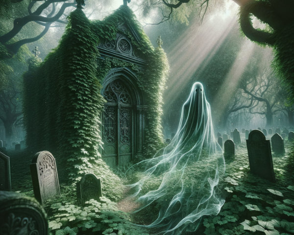 Mystical graveyard with ethereal light and mist