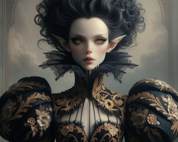 Elegant figure in ornate black gown with gold details