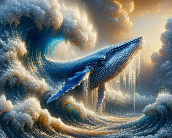Blue whale breaches in dynamic ocean waves and clouds