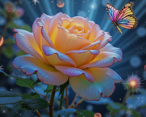 Golden rose with shimmering petals and starry backdrop