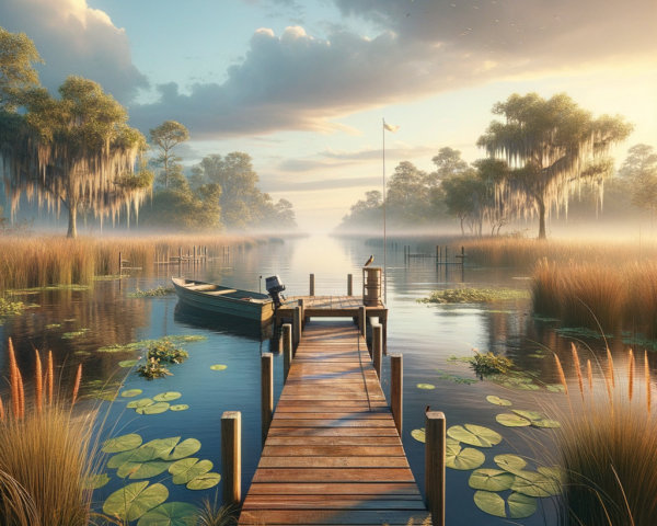 Serene Lakeside Scene at Dawn with Rustic Dock