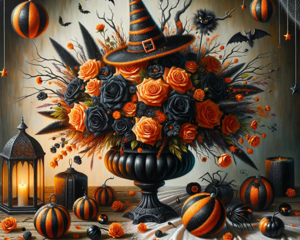 Halloween Floral Arrangement with Roses and Decorations