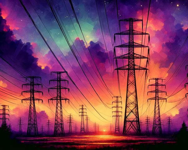 Twilight Landscape with Power Lines and Vibrant Sky
