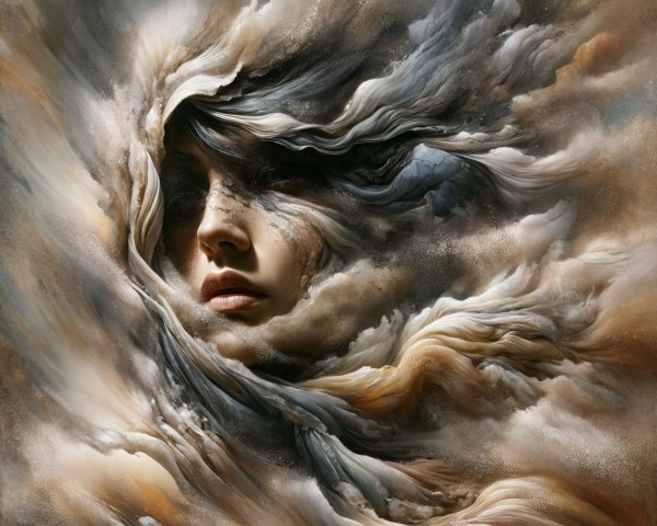 Mystical Female Face in Ethereal Cloud Textures