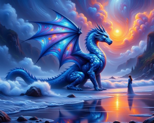 Majestic Blue Dragon on Beach with Serene Ocean View