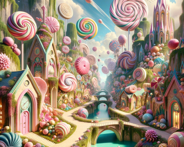 Whimsical Candyland with Lollipops and Candy Houses