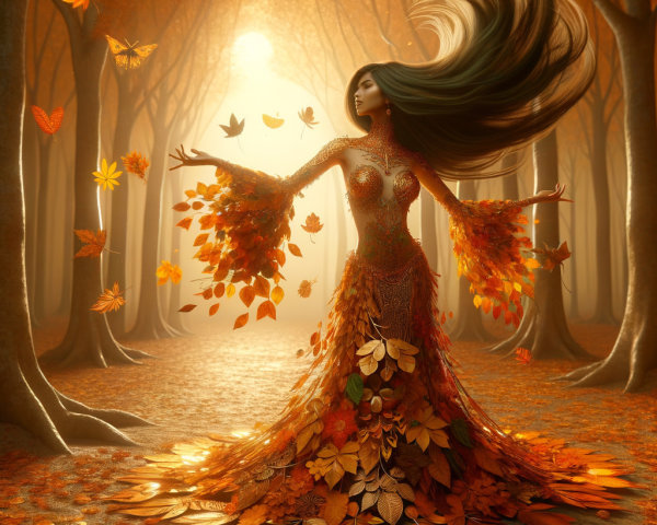 Whimsical Forest Scene with Woman in Leaf Gown