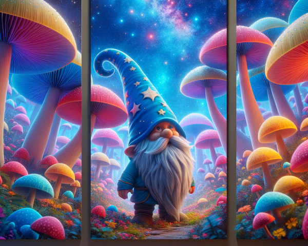 Whimsical gnome in vibrant enchanted forest scene