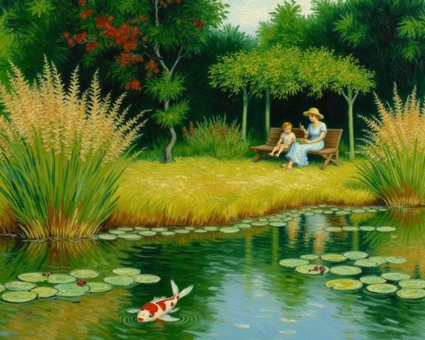 Lush Garden with Pond and Koi Fish Scene