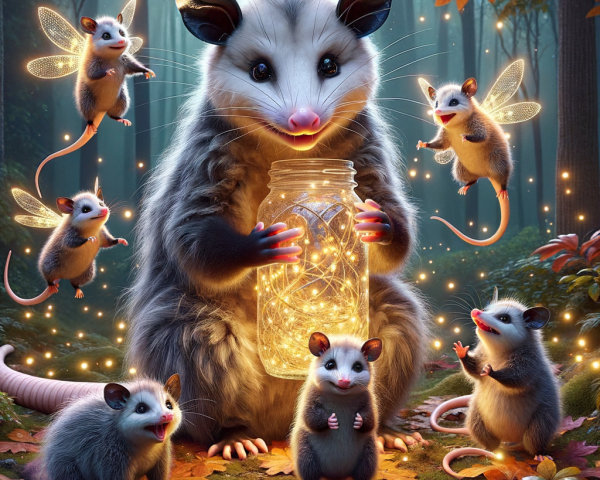 Whimsical Forest Scene with Opossums and Glowing Lights