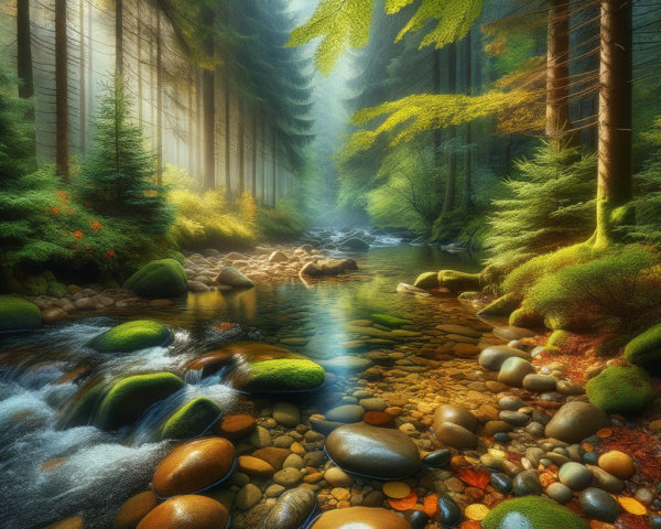 Serene forest landscape with flowing stream and trees
