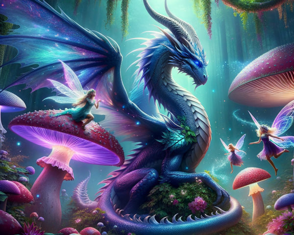 Majestic Blue Dragon in Enchanted Forest Setting