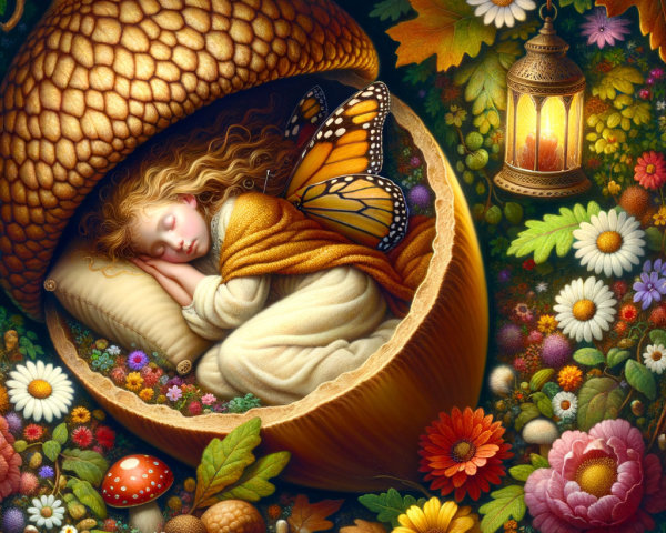 Enchanted Scene of a Girl Sleeping in Acorn Cradle