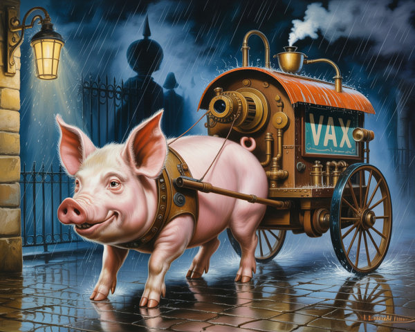 Cheerful pig with steam cart in rainy street scene