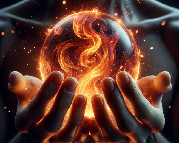 Hands Holding a Glowing Orb Surrounded by Flames