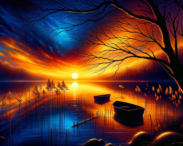 Serene Sunset Landscape with Calm Lake and Silhouetted Trees