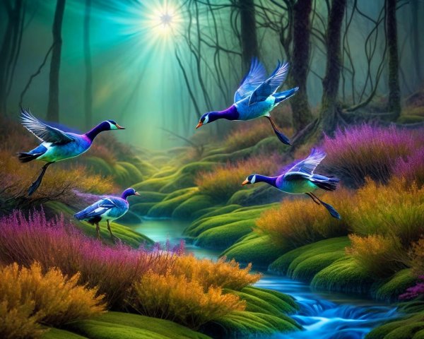 Enchanted Forest with Colorful Ducks in Flight