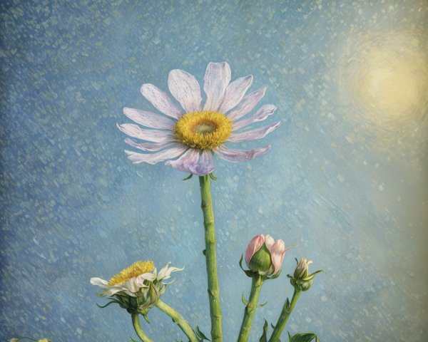 Daisy Blooms Against a Soft Blue Sky in Springtime