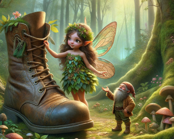 Whimsical forest scene with a fairy and gnome