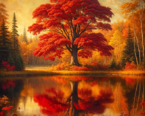 Vibrant Red Tree by a Serene Reflective Lake