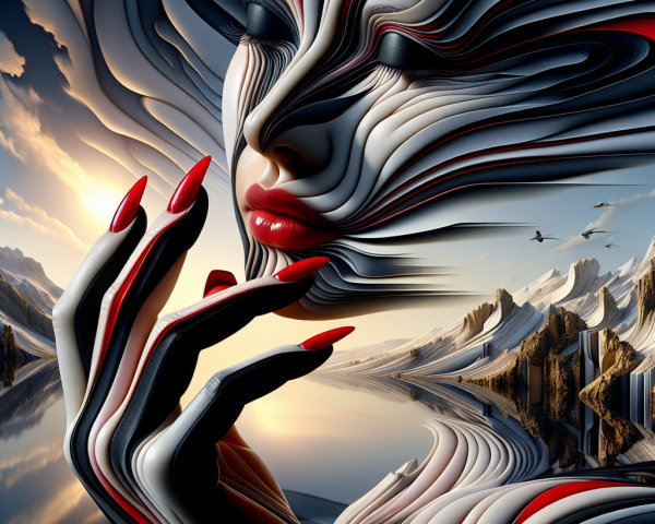 Surrealist Digital Painting of Woman's Profile and Landscape