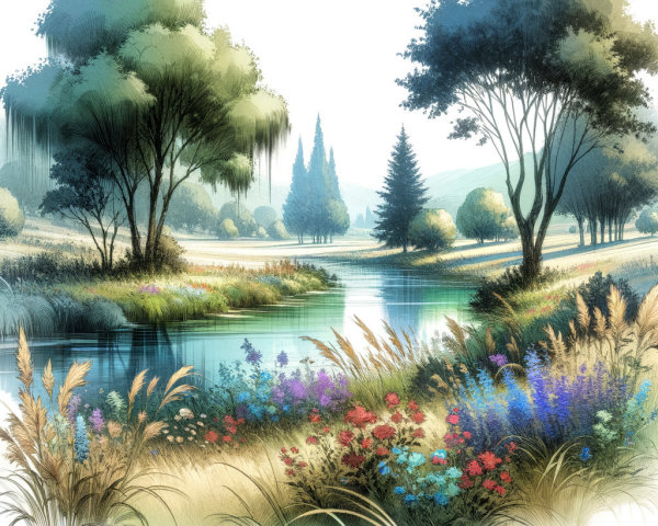 Tranquil River Landscape with Lush Greenery and Flowers