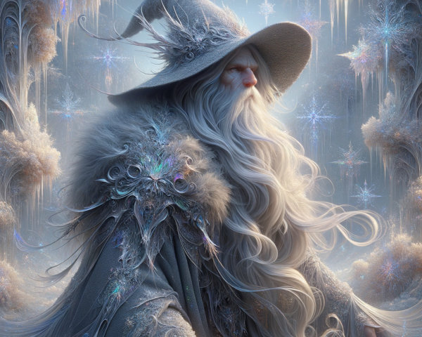 Winter Wizard in Frosty Landscape with Snowflakes