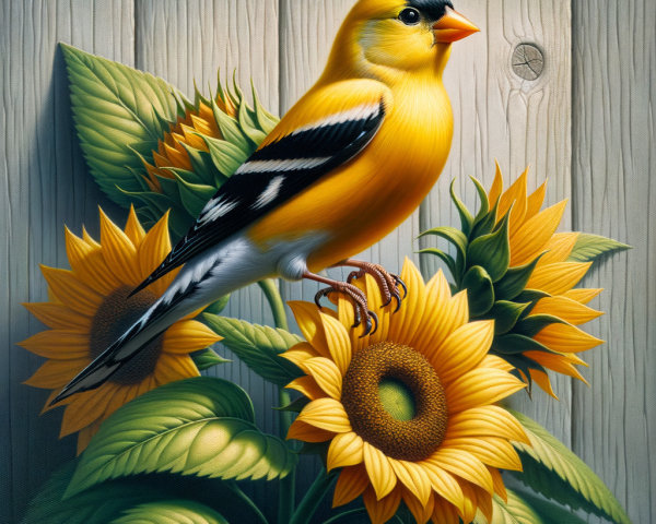 Yellow Bird on Sunflower in Natural Setting