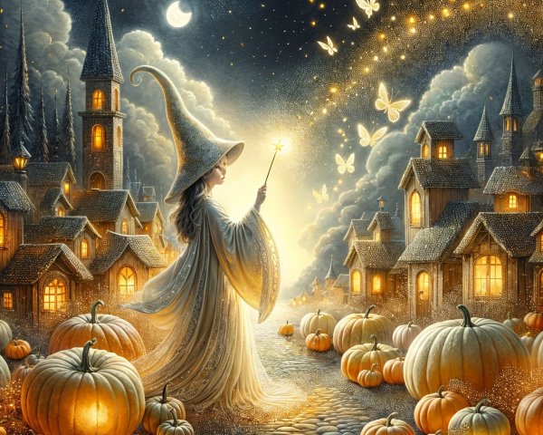 Nighttime Scene of a Young Witch Casting Magic