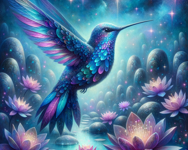Surreal Hummingbird Over Luminous Pond Scene