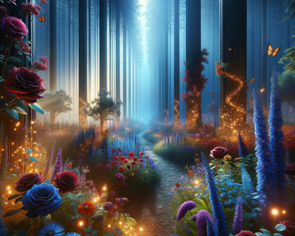 Magical forest scene with blue light and vibrant flowers