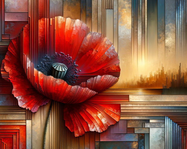 Vibrant Red Poppy Flower with Geometric Patterns