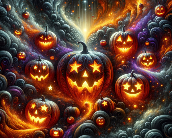 Cosmic Scene with Glowing Halloween Jack-o'-Lanterns