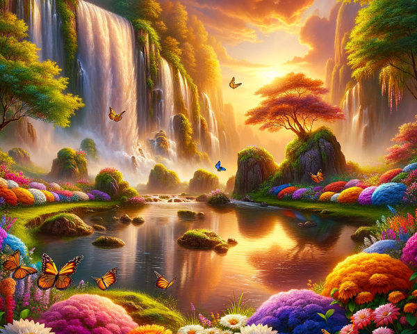 Vibrant Landscape with Waterfalls and Sunset Colors