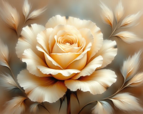 Illustration of a Large Creamy Yellow Rose with Leaves